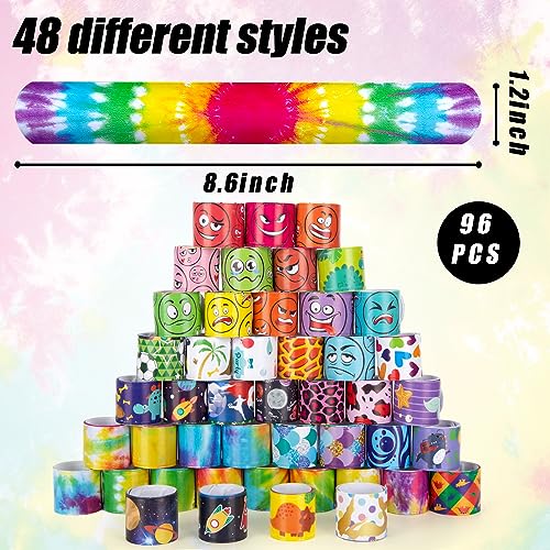 Shindel 96PCS Slap Bracelets Bulk, Kids Slap Wristbands Snap Bracelets Tie Dye Dinosaurs Mermaid Emotions for Party Favors Classroom Prizes Kids Birthday