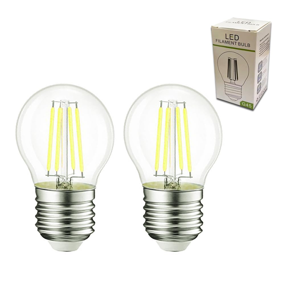 Xnordcaper G45 E27 Dimmable Golf Ball LED Light Bulbs, 4W Energy Saving G45 Mini Globe LED Filament Light Bulb Clear Glass 6000k Cool White E27 SES Edison Screw Bulbs, 40W Equivalent, Pack of 2