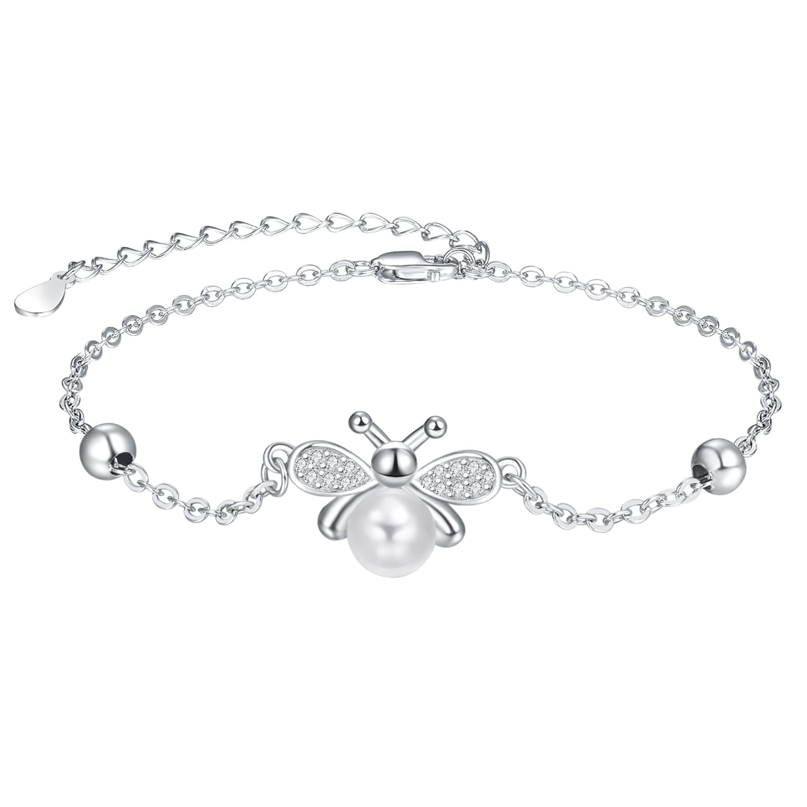 KINGWHYTE Bee Bracelet 925 Sterling Silver Pearl Bracelet Animal Bracelets Bee Jewelry Gifts for Women Girls Girlfriend Friend