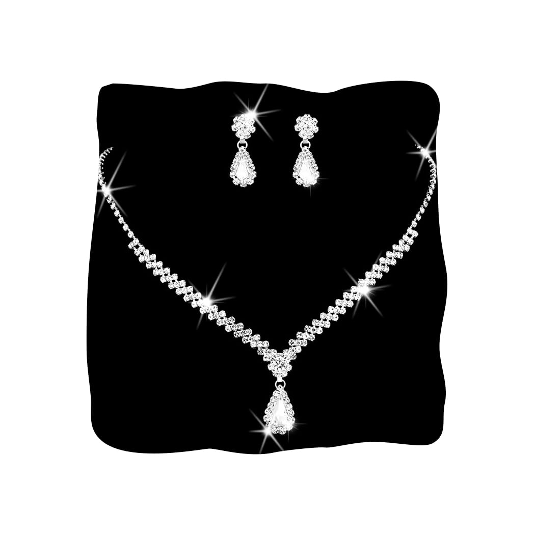 Ushiny Bridal Jewellery Set for Women Silver Sparkly Rhinestone Necklace and Earrings Set Prom Party Jewellery Set for Women and Girls
