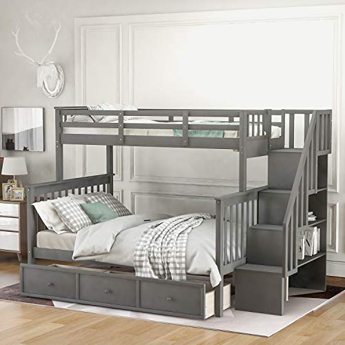 Merax Solid Wood TwinOverFull Stairway Bunk Bed with Drawers/Storage