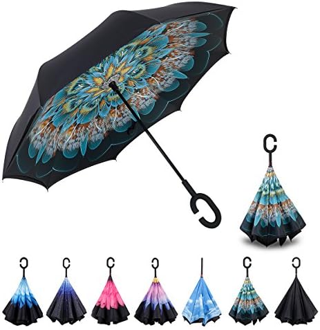 Everestor Inverted Umbrella Double Layer UV Protection Windproof Inside-Out Folding Umbrella for Car Rain Sun (Peacock)