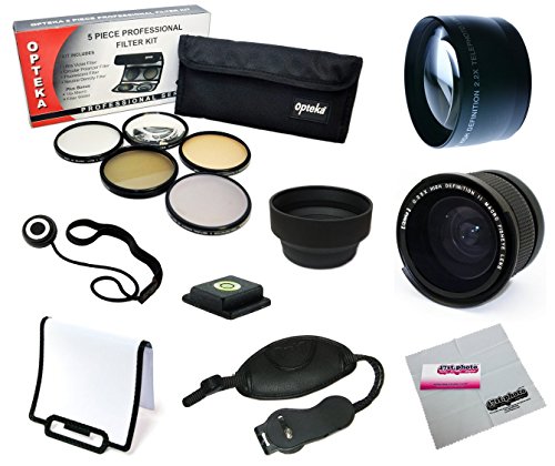 52MM Professional .35x + 2.2x Lens + Filter Accessory Kit for NIKON D7100, D7000, D5200, D5100, D5000, D3200, D3100, D3000, D90 and D80 DSLR Cameras- Includes Opteka .35x Fisheye + 2.2x Telephoto Lens + Filter Kit (UV, CPL, FLD, ND4 and 10x Macro) + Carry Pouch + Flash Diffuser + Grip Strap + Bubble Level + Lens Hood + Cap Keeper Leash + Microfiber Lens Cleaning Cloth