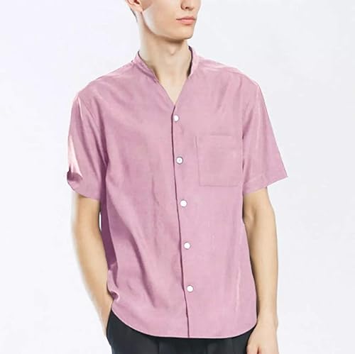 Mens 3/4 Sleeve Henley Shirt Casual Linen Cotton Summer Pink in