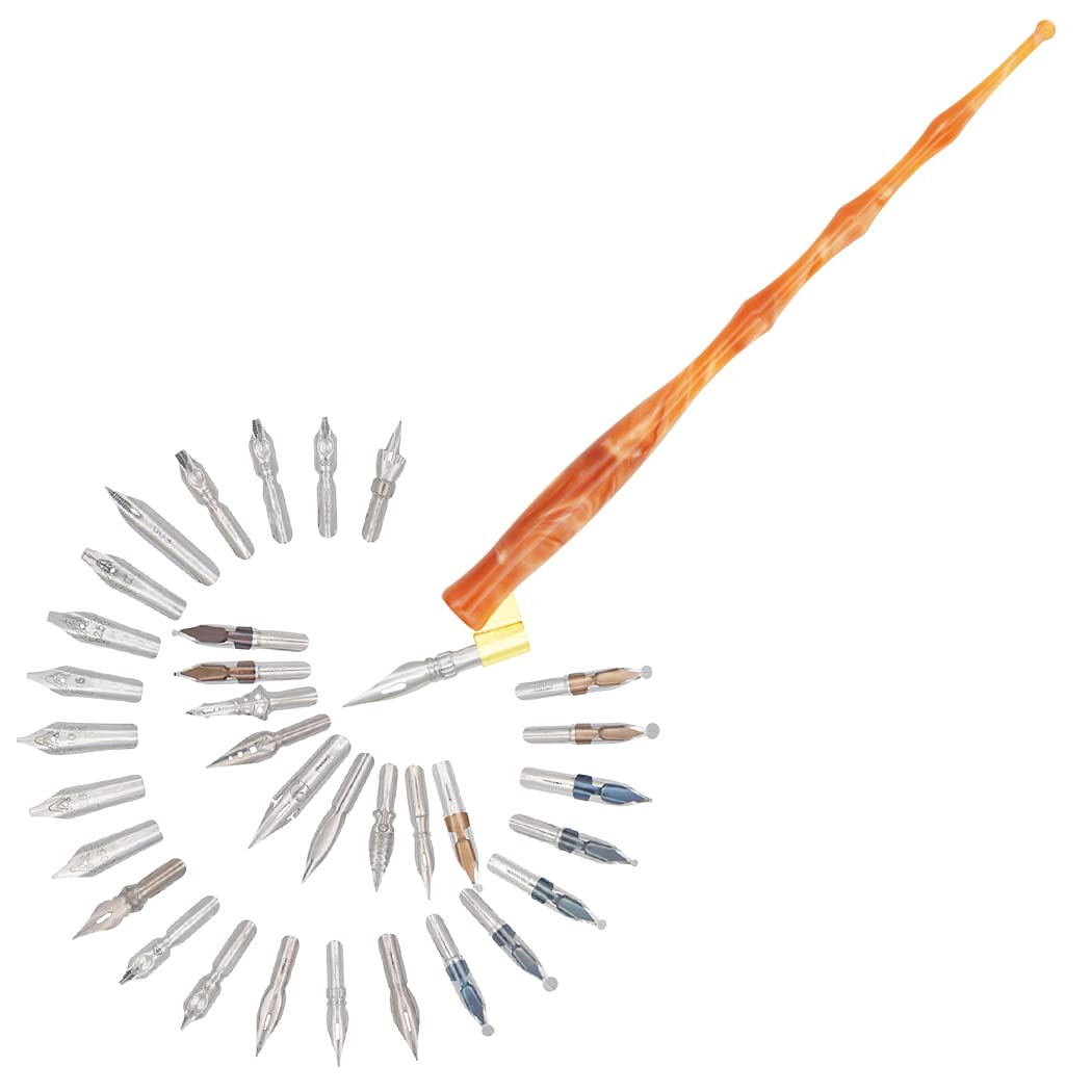 Gullor Calligraphy Pens Set - Resin Dip Pen Handcrafted Calligraphy Set with 33 Nibs, Brown