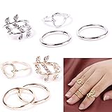 4pcs Fashion New Women Girl Rhinstone Heart Leaves Leaf Circle Knuckle Rings Set