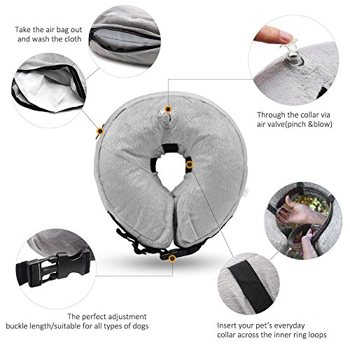 Neepanda Protective Inflatable Dog Collar, Adjustable Buckle Length Soft Pet Recovery E-Collar Cone for Small Medium Large Dogs, Prevent Pets From Touching Biting Injuries Rashes and Wounds (Grey) (M)