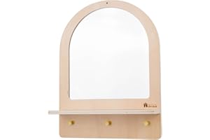 Adena Montessori Toddler Mirror with 3 Hooks, Montessori Furniture Safe Wooden Wall-Mounted Mirror for Self-Care, Storage & D