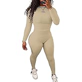 HBQ Women Two Piece Outfits Workout Sets Ribbed Casual Jogging Suits Long Sleeve Tracksuits,XXL,Apricot Solid