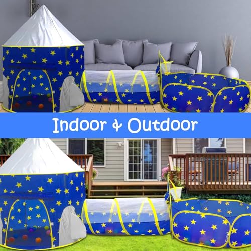 3pcs Kids Play Tent for Boys with Ball Pit, Crawl Tunnel, Princess Tents for Toddlers, Baby Space World Playhouse Toys, Boys Indoor& Outdoor Play House, Perfect Kid’s Gifts.BLUE