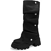 RKQ Women's Wide Calf Platform Slouchy Fold Over Combat Mid-Calf Block Heel Detachable Pull-On Panel Shark Boots