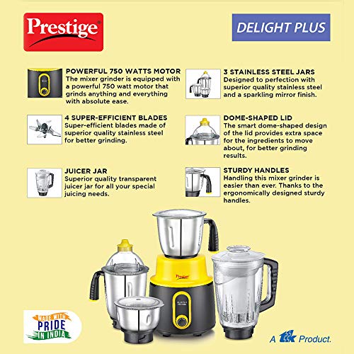 Prestige Delight Plus 750 W Mixer Grinder (with 3 SS Jars and 1 Juicer