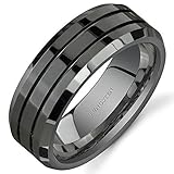 King Will CLASSIC Men 8mm Black Tungsten Carbide Rings Polished Beveled Edge Double Groove Wedding Bands