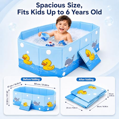 puiaxod Bañera plegable para niños, portátil de viaje para bebés con soporte triangular y tapón de drenaje, mini piscina para exteriores, adecuada para 0-8 años (78 x 41 x 21 cm)