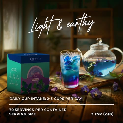 GYA TEA CO BUTTERFLY PEA HERBAL LOOSE LEAF TEA – DECAF FLOWER TEA WITH GOOD TASTE & BLUE COLOR FOR SKIN, HAIR & DIGESTION HEALTH, SOOTHING & RELAXING – 5.29 OZ – 70 CUPS