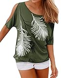 Lovaru Women's O Neck Feather Print Shirt Casual Cutout Sleeve Top Blouse (Medium, Army green)