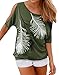 Lovaru Women's O Neck Feather Print Shirt Casual Cutout Sleeve Top Blouse (Medium, Army green)