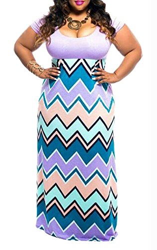 Women Summer Beach Short Sleeve Zigzag Striped Print Dress Maxi Long Dresses 4XL