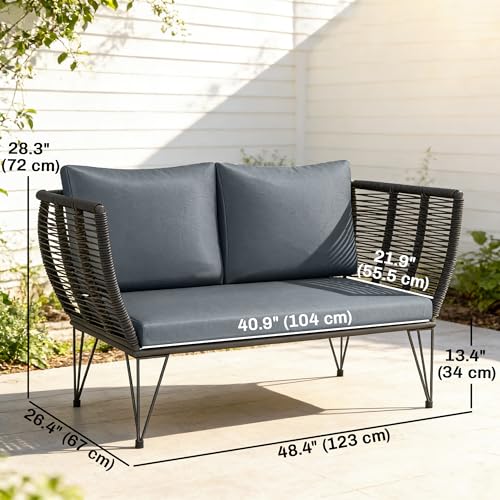 Outsunny 2 Seater Outdoor Sofa, PE Wicker Patio Outdoor Couch with Cushions, 660 LBS Capacity Small Patio Furniture Loveseat with Galvanized Steel Frame for Garden, Light Grey