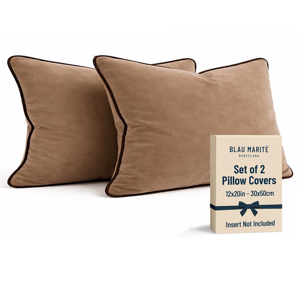 Blau Marité Set of 2 Velvet Throw Pillow Covers with Contrast Piping, Soft Decorative Cushion Covers, Camel and Brown, 12"x20" (30x50 cm).