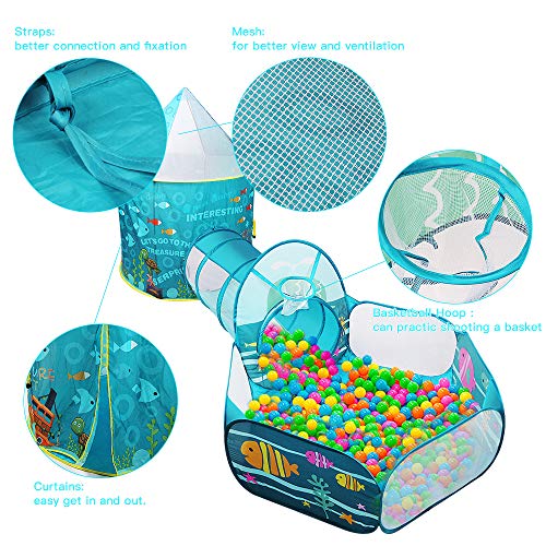 SUNBA YOUTH Kids Play Tent, Crawl Tunnel and Ball Pit, Pop Up Playhouse for Girls and Boys, Babies and Toddlers. Knight Castle for Kids for Indoor and Outdoor Use with Carrying Case. (Teal)