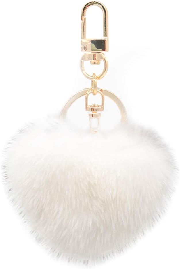 Genuine Mink Fur Heart Pom-Pom Keychain - Cute Bag Purse Charm - Ring Fluffy Fur Ball - Fashion Gift (Cream)