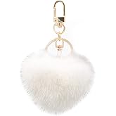 surell Genuine Mink Fur Heart Pom-Pom Keychain - Cute Bag Purse Charm - Ring Fluffy Fur Ball - Fashion Gift (Cream)