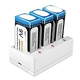 Keenstone 9V 800mAh Rechargeable Li-ion Battery 3-Slot Charger TENS Smoke Detector Multimeter Alarm System etc（3-Pack）