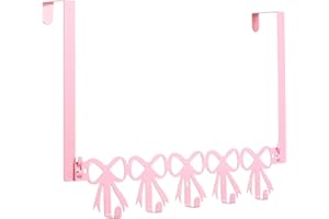 AceOrbit Pink Bow Over The Door Hooks Hanger Wall Mount Towel Hanger Door Holder Organizer 5 Hooks Kawaii Farmhouse Rustic Coquettish Style Decor for Bedroom Bathroom Towel Hat Clothes