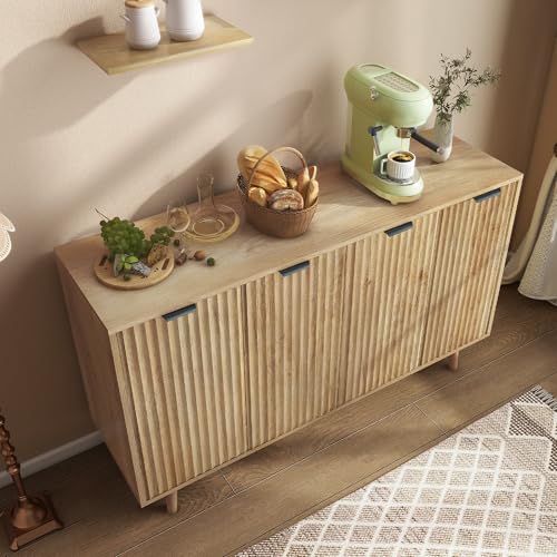LYNCOHOME Fluted Sideboard Cabinet, Buffet Cabinet with 4 Doors, Kitchen Storage Cabinet with Solid Wood Feet for Kitchen, Dining Room, Hallway, Nature