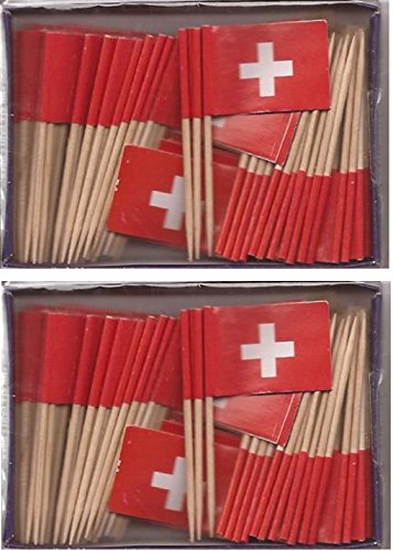 2 Boxes of Mini Switzerland Toothpick Flags, 200 Small Mini Swiss Flag Cupcake Toothpicks or Cocktail Sticks & Picks