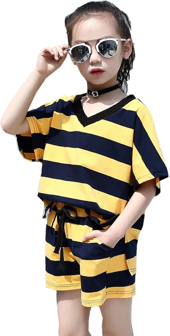 Amazon セットアップ 女の子 韓国子供服 ボーダー柄 キッズ 夏 パンツセット ガールズ 姫系 半袖 上下 Tシャツ パンツ 韓国 可愛い カジュアル スポーツウェア ルームウェア キャンパス 運動着 ランニング おしゃれ ガールズ 通販