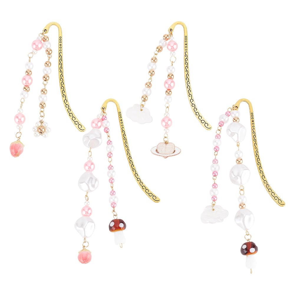 DELORIGIN 4Pcs Alloy Hook Bookmarks Acrylic Mushroom Strawberry Beaded Charm Chain Bookmarks Unique Alloy Enamel Pendant Bookmarks for Gifts Novels Readers Book Lovers Reading Marker