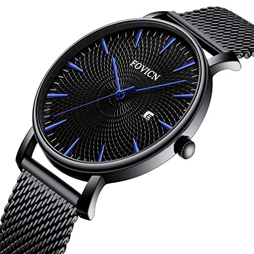 SUNWH Watches, Mens Black Ultra Thin Watch Minimalist Fashion Luxury Wrist Watches for Men Business Dress Casual Waterproof 30M Quartz Watch for Man with Stainless Steel Mesh Band