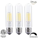 Dimmable 4W Tubular LED Bulb, Edison Style COB LED Filament Bulb, T10 nostalgic bulb, E26 Medium Base, 40 Watt Incandescent Bulb Equivalent, 2700K Warm White,400LM,Clear Glass Cover, 3-Pack