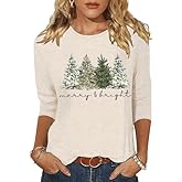 3/4 Sleeve Merry Christmas Shirt for Women Xmas Tree Cute Graphic Blouse Indoor Basic Casual Festival Tops New Year Tee