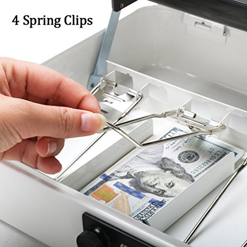 Metal Cantilever Cash Box with Combination Lock, Decaller Large Lock Money Box - 5 Compartments with Cover & 4 Spring-Loaded Clips for Bills, White, 11 4/5" x 9 2/5" x 3 1/2", QH3010L