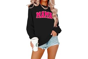 ASTANFY Mama Sweatshirt Women Oversize Glitter Patch Mama Crewneck Sweatshirts Mama Print Long Sleeve Loose Fashion Pullover