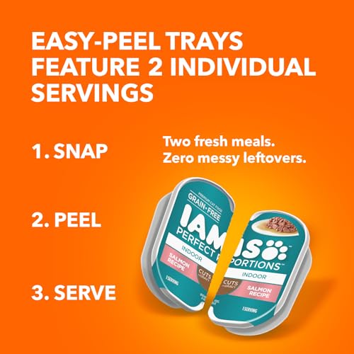 IAMS PERFECT PORTIONS INDOOR ADULT GRAIN FREE WET CAT FOOD CUTS IN GRAVY VARIETY PACK, TUNA RECIPE AND SALMON RECIPE, (12) 2.6 OZ. EASY PEEL TWIN-PACK TRAYS