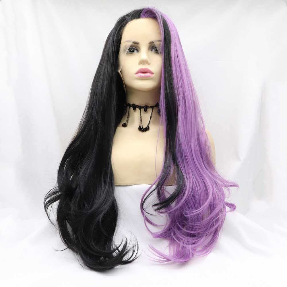 Xiweiya wigs Synthetic Half Purple Half Black Lace Front Wigs For Women Hair Long Wavy Wig Piano Color heat resistant Fiber Half Wigs