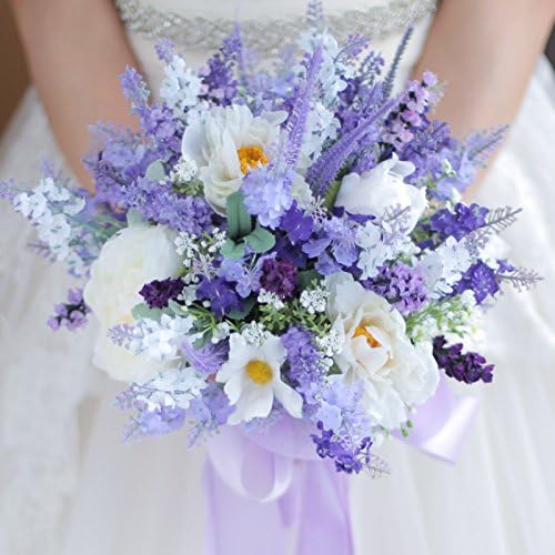 Amazon Com Iffo Lavender White Flowers Small Fresh Style With Wedding Bride Bouquet Ribbon Section Home Kitchen