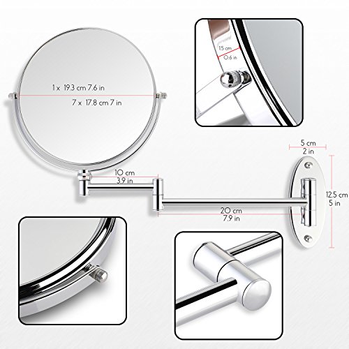 Miusco 7X Magnifying Two Sided Vanity Makeup Mirror, 8 inch, Wall Mount, Round, Chrome