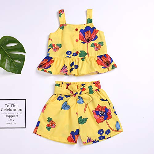 2Pcs/Set Fashion Toddler Kids Baby Girl Sleeveless T-Shirt Top+Floral Denim Shorts Outfits (Floral-Yellow, 5-6 Years)