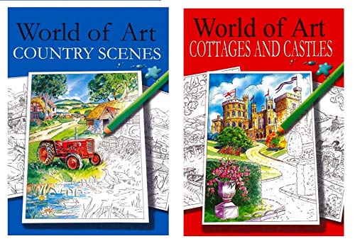 World of Art A4 Adult Colouring Books, Cottages & Castles + Country Scenes - Set of 2