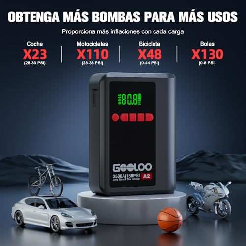 GOOLOO Arrancador de batería A2 8 en 1 con compresor de Aire, 2500 A (hasta 8 L de Gasolina/6 L de diésel), inflador de neumáticos inalámbrico de 150 PSI con Apagado automático