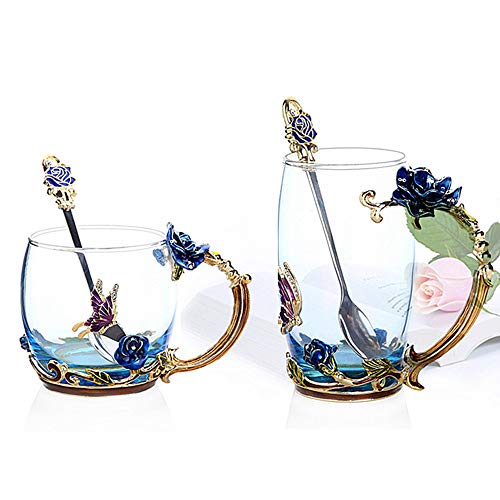 Tea Cup Coffee Mug Cups, Clear Glass Coffee Cups Tea Mugs with Spoon Set Handmade Enamel Butterfly Rose Flower,12 oz (Blue Rose) Ideal for Friend Wedding Anniversary Birthday Presents