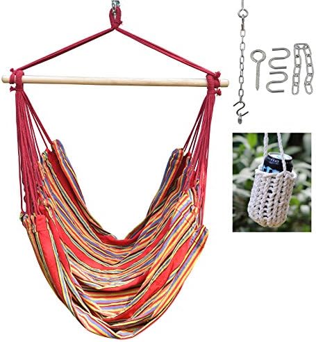 Large Red Stripe Brazilian Hammock Swing Chair - With Hanging Hooks Hardware and Free Handcrafted Drink Holder
