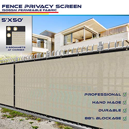 Windscreen4less Heavy Duty Privacy Screen Fence in Color Beige with White Stripes 5' x 50' Brass Grommets w/3-Year Warranty 150 GSM (Customized Sizes Available)