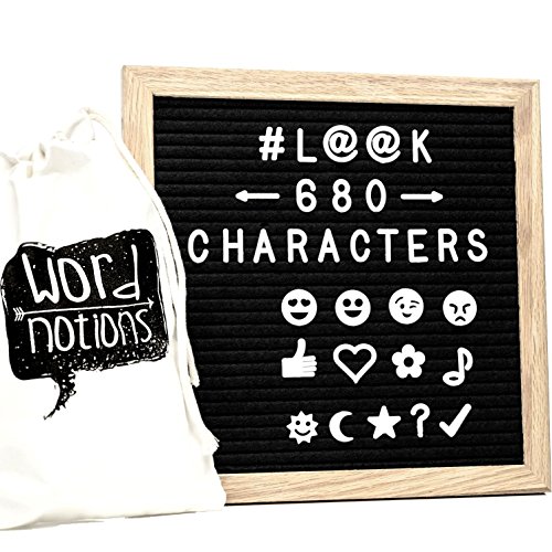 Felt Letter Board | 680 Characters, Letters & Emojis | @, $, ♥,¢, ♪, More | Drawstring Canvas Pouch | 10" x 10" Oak Wood Frame
