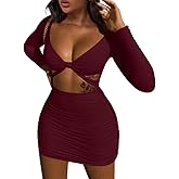 XXTAXN Women's Sexy Bodycon Deep V Neck Long Sleeve Cut Out Club Mini Dress